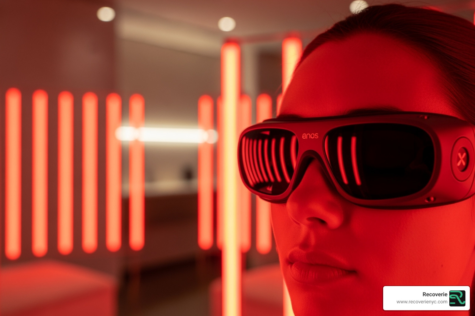 person wearing protective eyewear during RLT at Recoverie - Red light therapy benefits