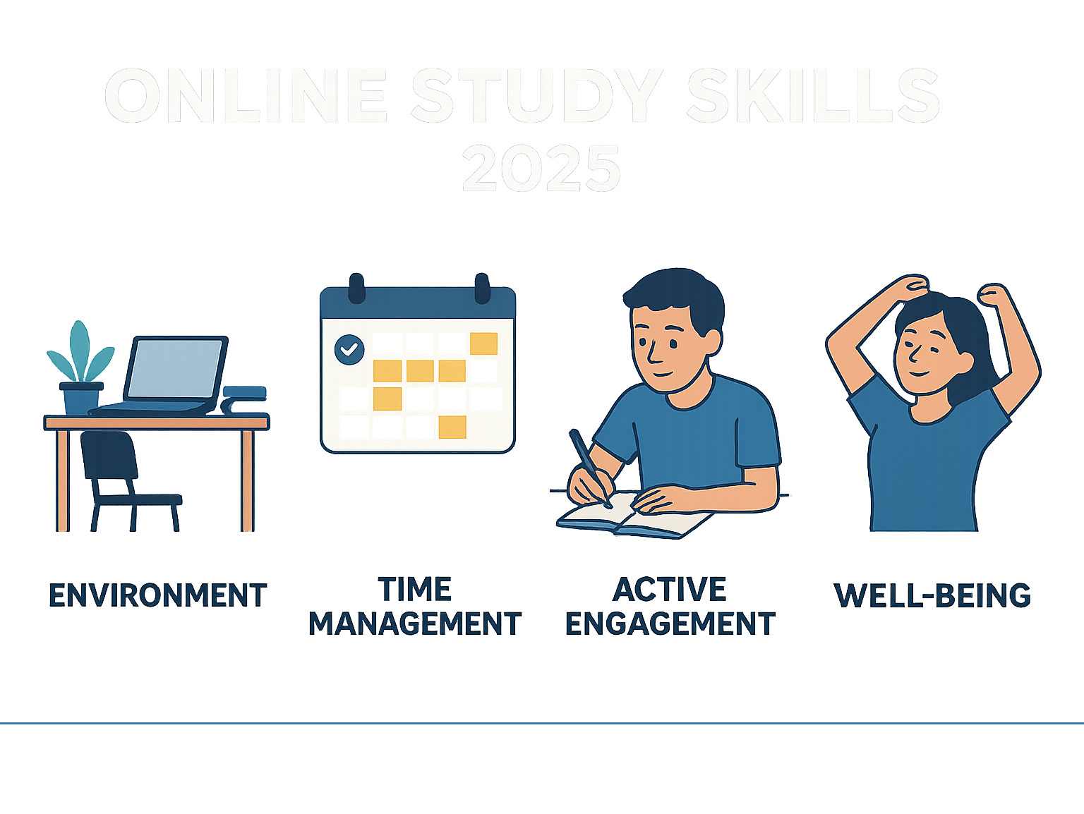 Infographic showing four pillars of effective online study skills: Environment (organized desk with laptop), Time Management (digital calendar), Active Engagement (student taking notes), and Well-being (student stretching) - online study skills infographic Infographic showing four pillars of effective online study skills: Environment (organized desk with laptop), Time Management (digital calendar), Active Engagement (student taking notes), and Well-being (student stretching) - online study skills infographic