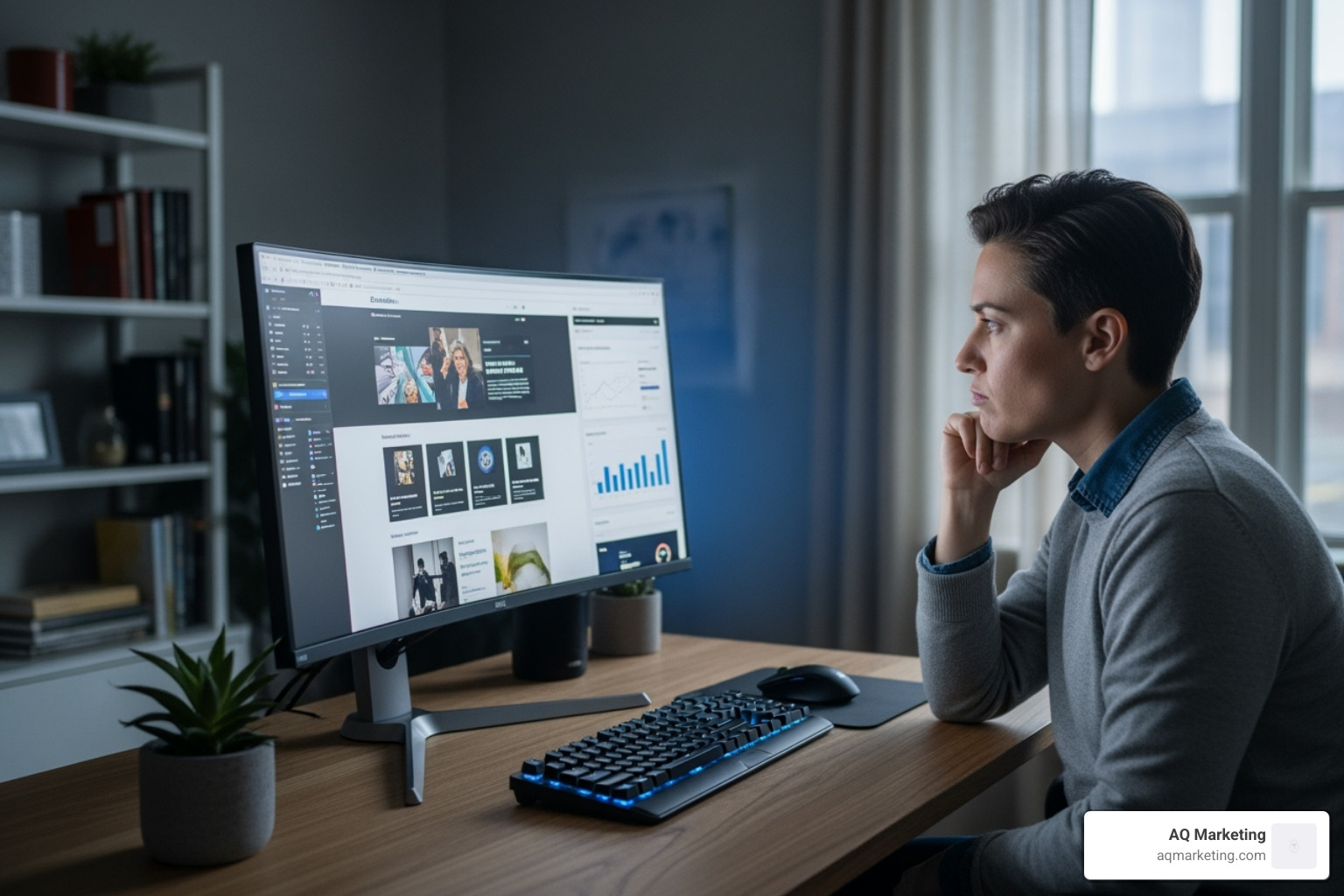 Person looking thoughtfully at a computer screen, contemplating website design or digital marketing strategies - electrician website design agency Person looking thoughtfully at a computer screen, contemplating website design or digital marketing strategies - electrician website design agency