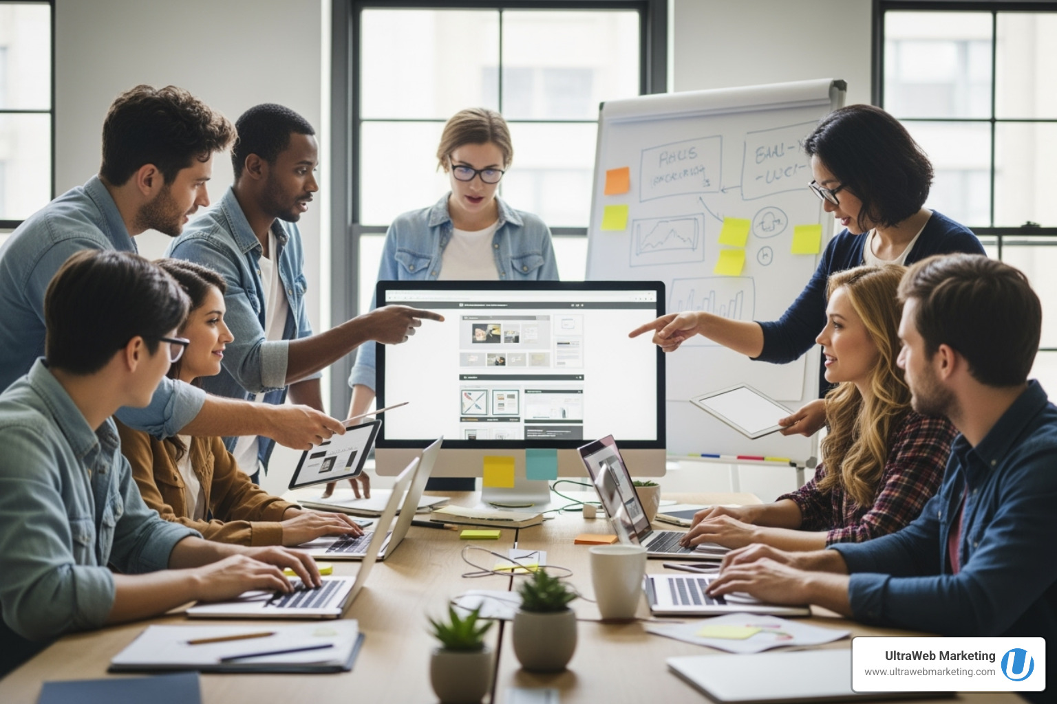 A team collaborating on a web design project, showing diverse skills and active discussion - best website design companies