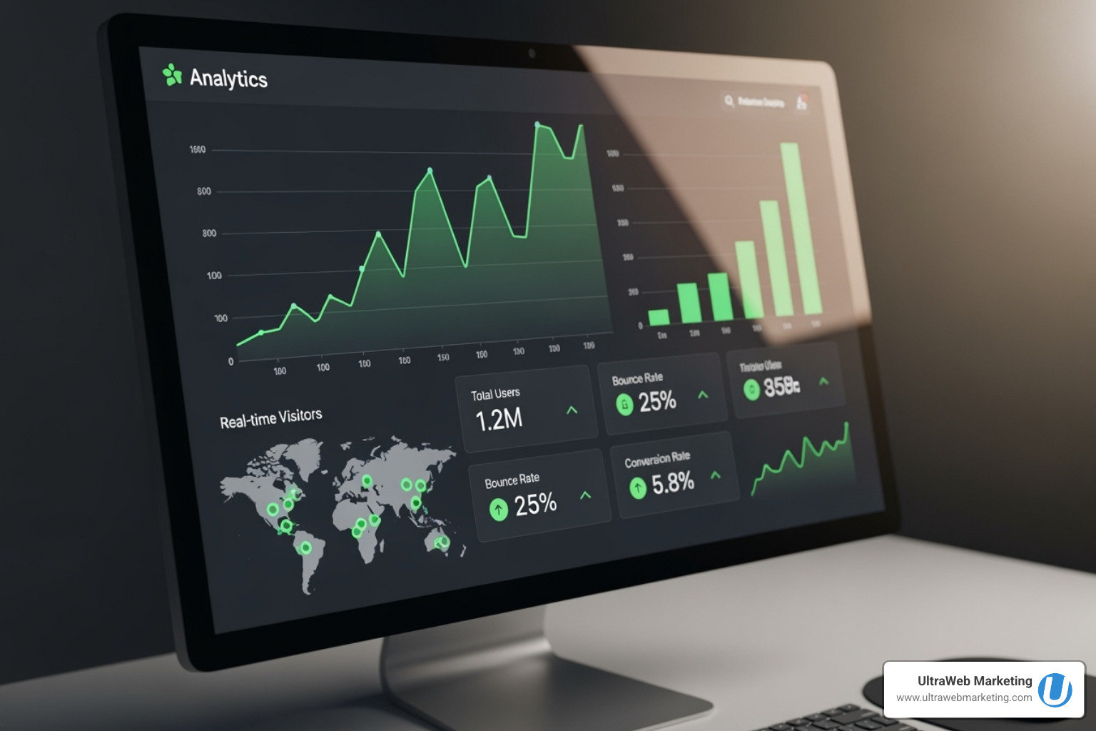 A website's performance analytics dashboard with upward-trending graphs, symbolizing growth and positive results - best website design companies