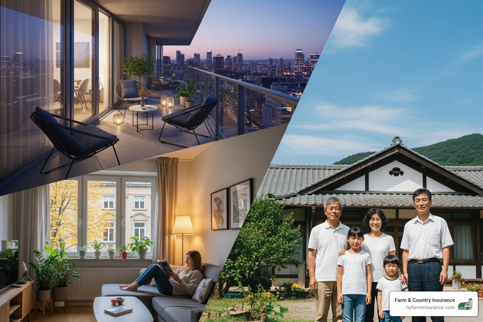 collage of different living situations: a condo balcony, a renter in an apartment, and a family in front of a rural home - home and household insurance collage of different living situations: a condo balcony, a renter in an apartment, and a family in front of a rural home - home and household insurance