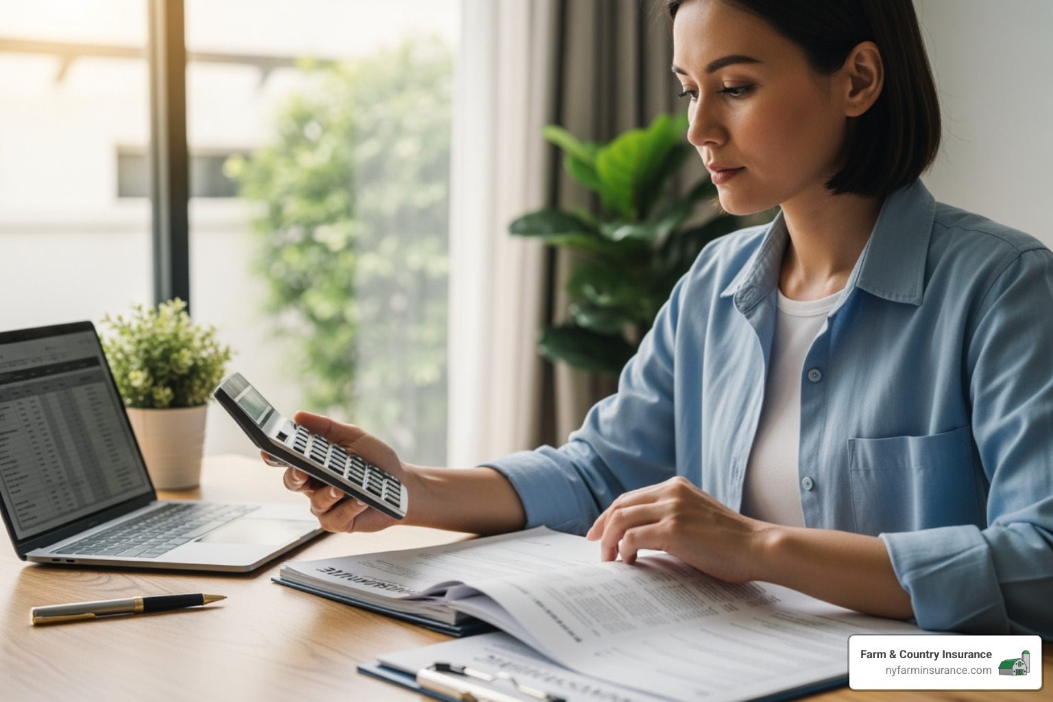 of a person reviewing an insurance document with a calculator - home and household insurance of a person reviewing an insurance document with a calculator - home and household insurance