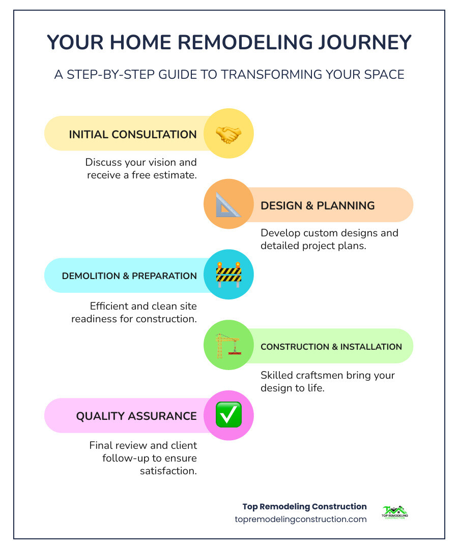 Infographic showing the five key phases of a successful home remodeling process: Initial Consultation and Free Estimate, Custom Design and Planning Phase, Demolition and Preparation Services, Construction and Installation Work, and Final Quality Assurance with GM Follow-up - home remodeling infographic infographic-line-5-steps-colors Infographic showing the five key phases of a successful home remodeling process: Initial Consultation and Free Estimate, Custom Design and Planning Phase, Demolition and Preparation Services, Construction and Installation Work, and Final Quality Assurance with GM Follow-up - home remodeling infographic infographic-line-5-steps-colors