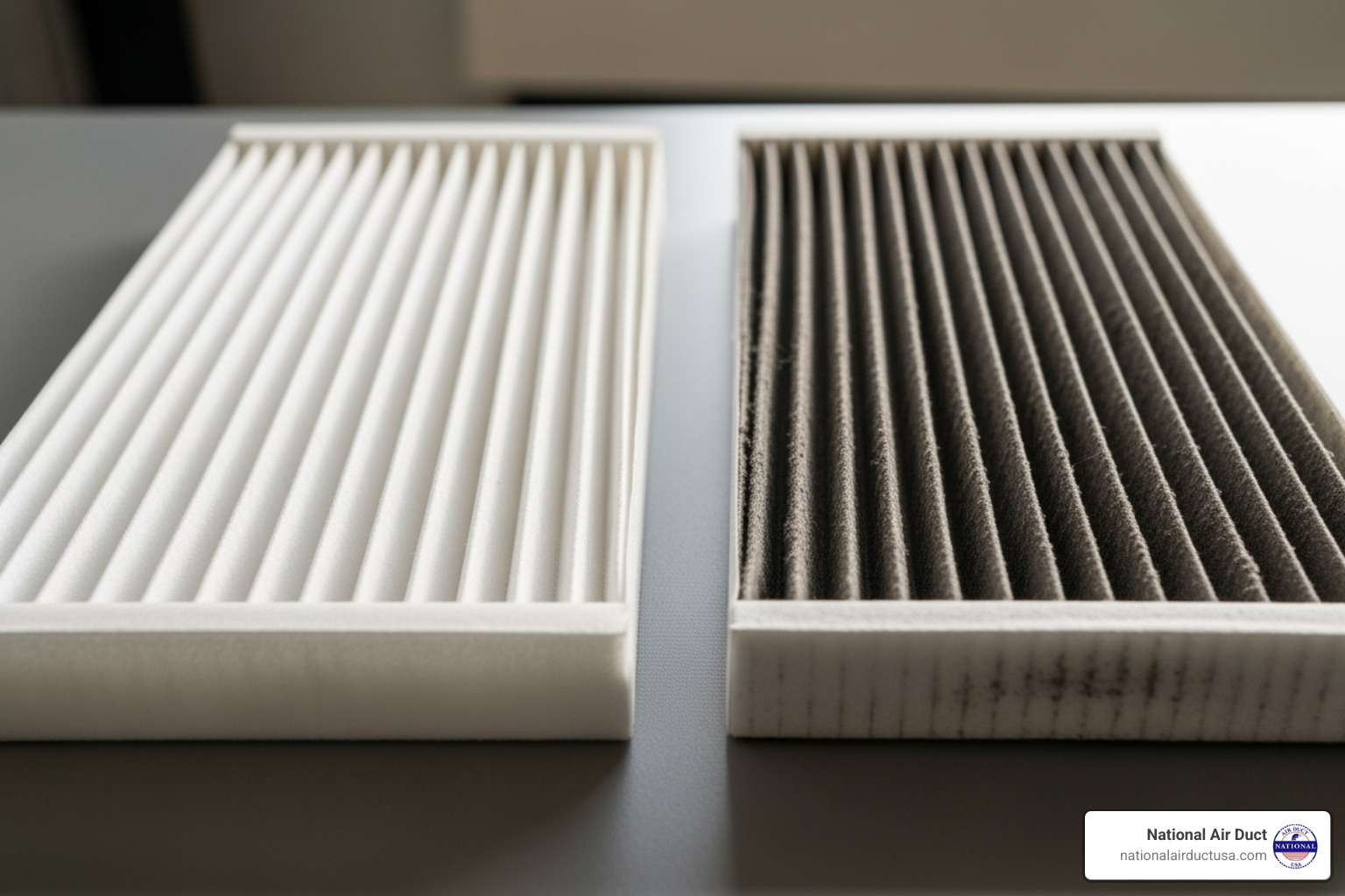 A clean air filter next to a dirty, clogged one, illustrating the difference in air quality and HVAC efficiency - Air duct inspection
