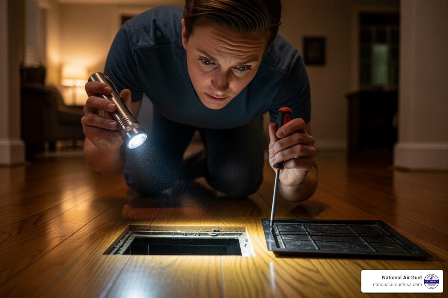 A homeowner with a flashlight and screwdriver looking into a floor vent, demonstrating a DIY air duct inspection - Air duct inspection