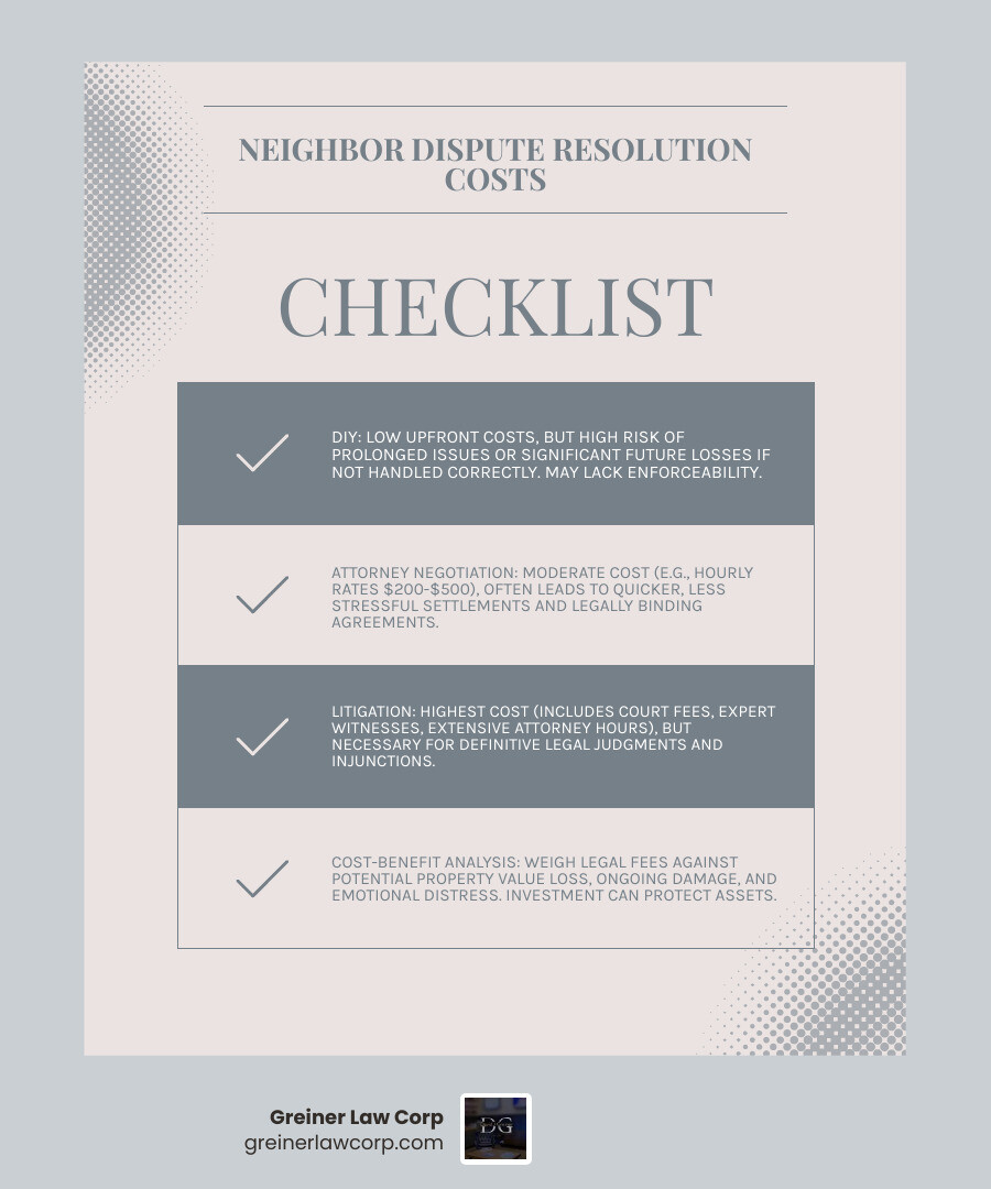 Table comparing costs of DIY, attorney negotiation, and litigation for neighbor disputes - neighbor dispute attorney los angeles infographic checklist-light-blue-grey
