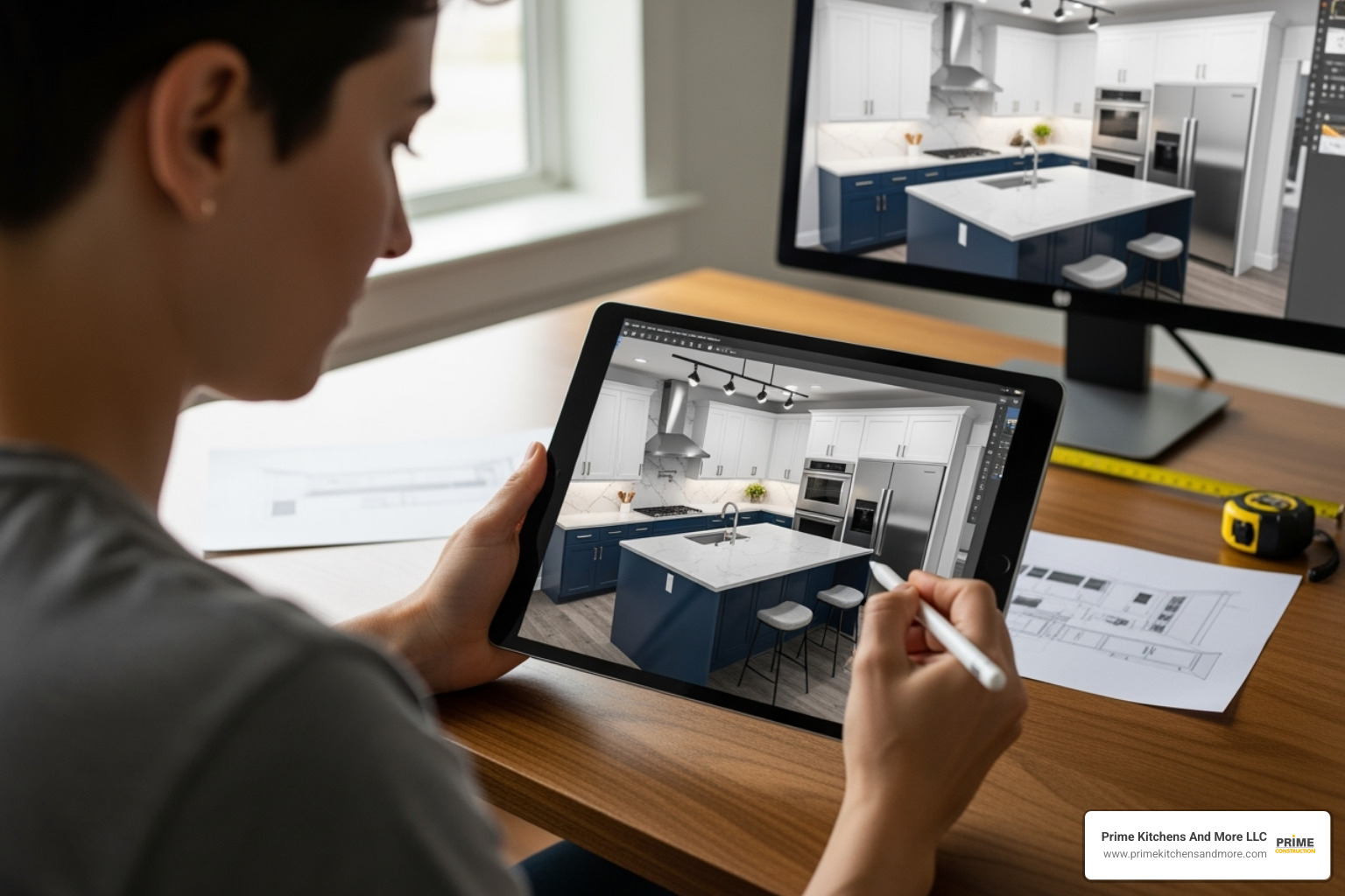 person using a tablet to design a kitchen in 3D - kitchen design drawing