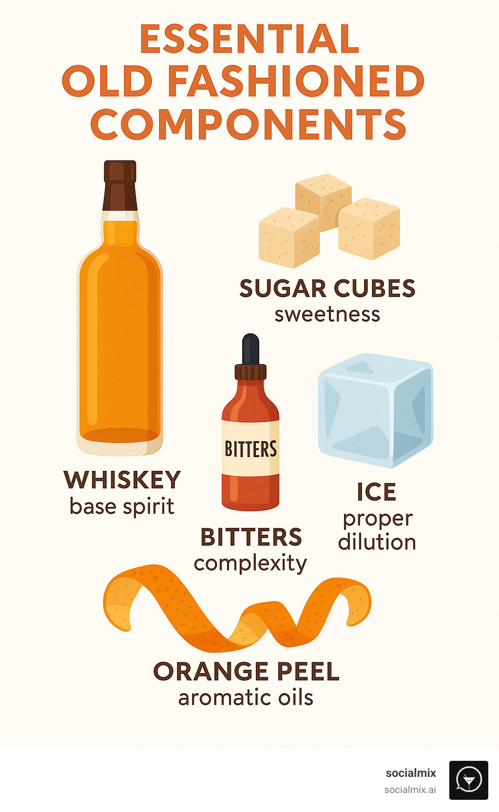 Infographic showing the five essential components of an Old Fashioned cocktail: a bottle of whiskey as the base spirit, sugar cubes for sweetness, a bottle of bitters for complexity, large ice cubes for proper dilution, and an orange peel garnish for aromatic oils - old fashioned gifts infographic Infographic showing the five essential components of an Old Fashioned cocktail: a bottle of whiskey as the base spirit, sugar cubes for sweetness, a bottle of bitters for complexity, large ice cubes for proper dilution, and an orange peel garnish for aromatic oils - old fashioned gifts infographic