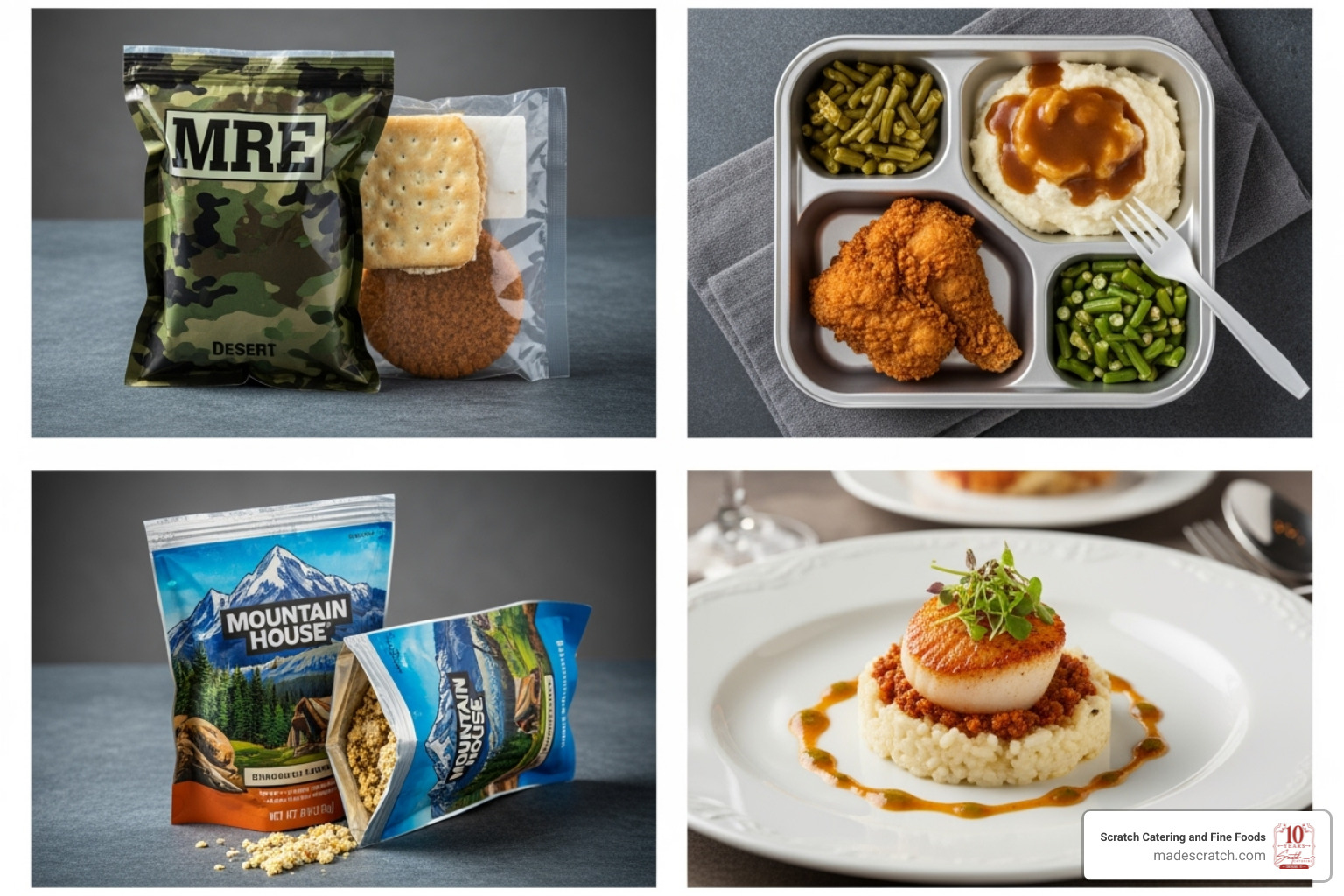 a collage showcasing different meal types: a military MRE, a microwaveable tray, a freeze-dried pouch, and a gourmet catered dish - Ready to eat a collage showcasing different meal types: a military MRE, a microwaveable tray, a freeze-dried pouch, and a gourmet catered dish - Ready to eat