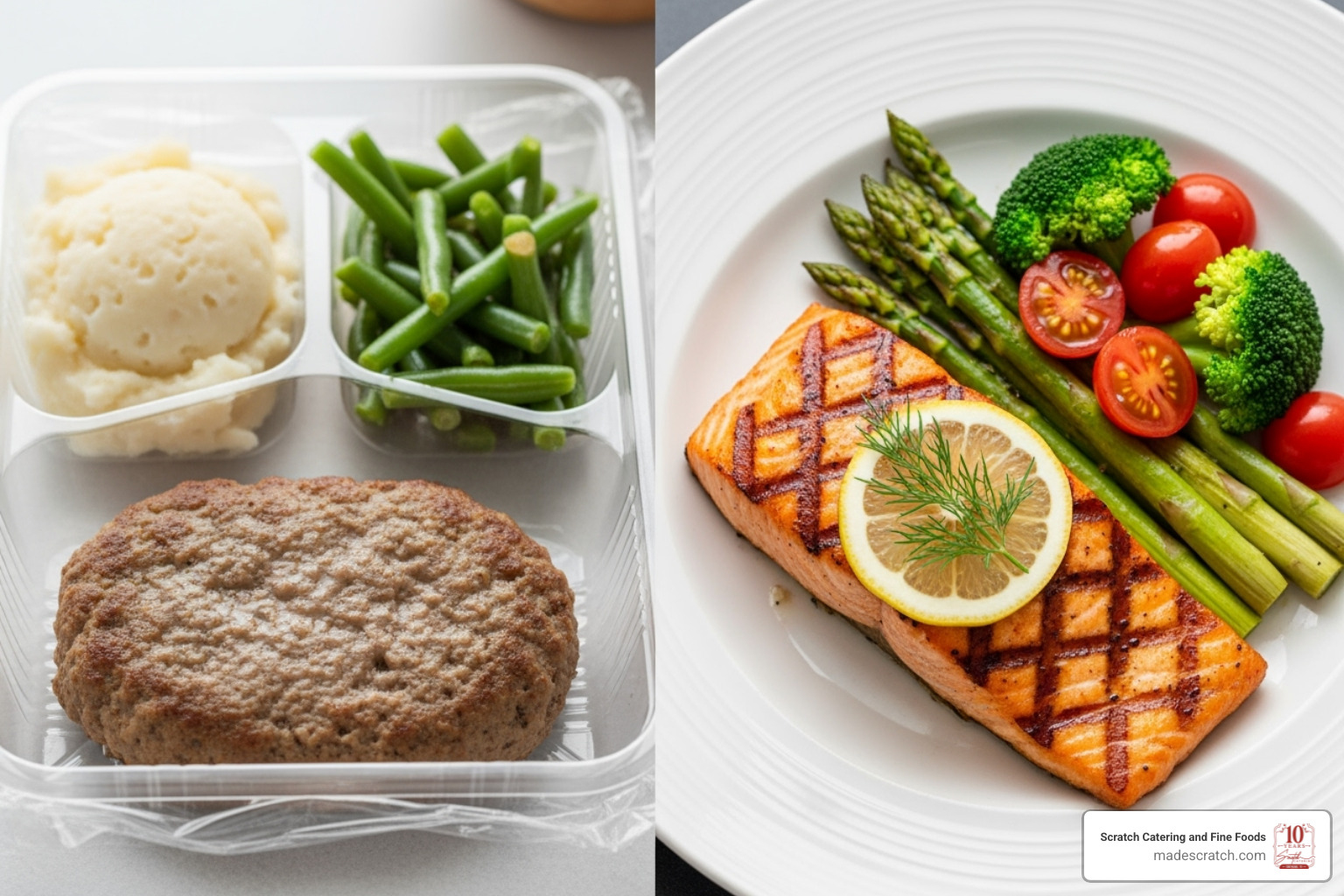 comparing a basic ready-to-eat meal's nutrition label with a fresh, balanced meal like a Grilled Atlantic Salmon entree - Ready to eat comparing a basic ready-to-eat meal's nutrition label with a fresh, balanced meal like a Grilled Atlantic Salmon entree - Ready to eat