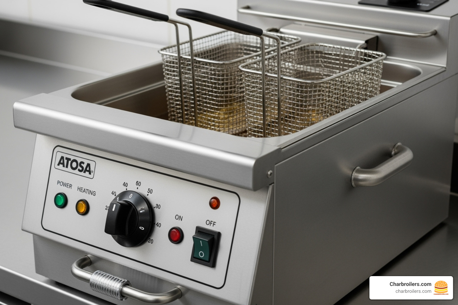 Atosa ATFS-50 model with callouts for key parts like the thermostat, baskets, and tank. - cookrite fryer