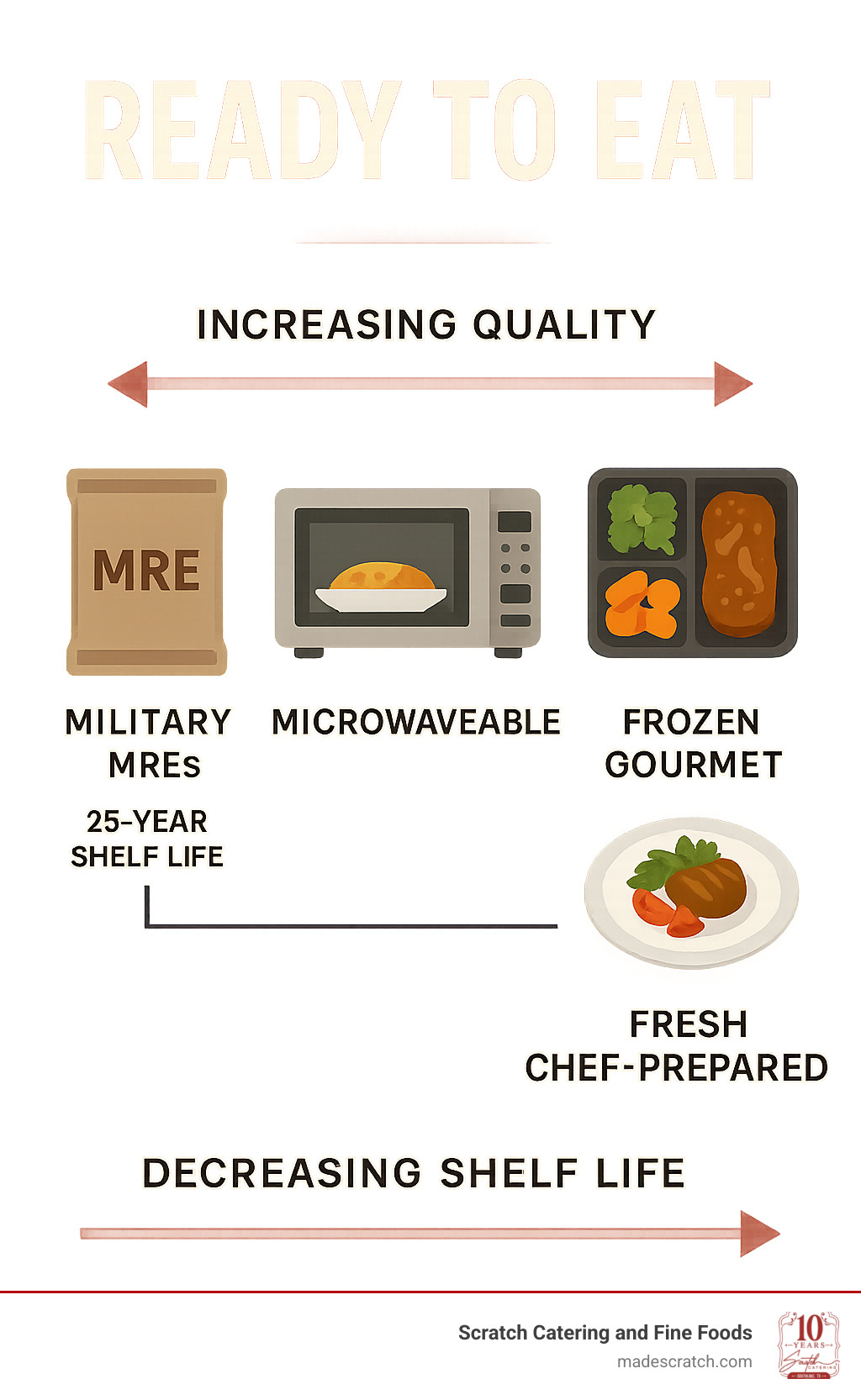 Infographic showing the spectrum of ready-to-eat meals from military MREs with 25-year shelf life on the left, progressing through microwaveable convenience meals, frozen gourmet options, to fresh chef-prepared ready-to-serve meals on the right, with arrows indicating increasing quality and decreasing shelf life - Ready to eat infographic Infographic showing the spectrum of ready-to-eat meals from military MREs with 25-year shelf life on the left, progressing through microwaveable convenience meals, frozen gourmet options, to fresh chef-prepared ready-to-serve meals on the right, with arrows indicating increasing quality and decreasing shelf life - Ready to eat infographic