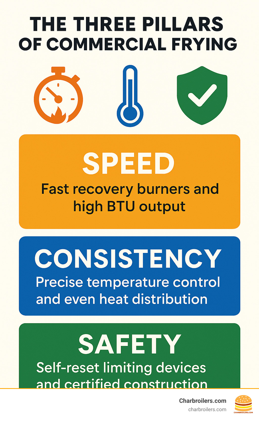 Infographic showing the three pillars of commercial frying: Speed with fast recovery burners and high BTU output, Consistency with precise temperature control and even heat distribution, and Safety with self-reset limiting devices and certified construction - cookrite fryer infographic 