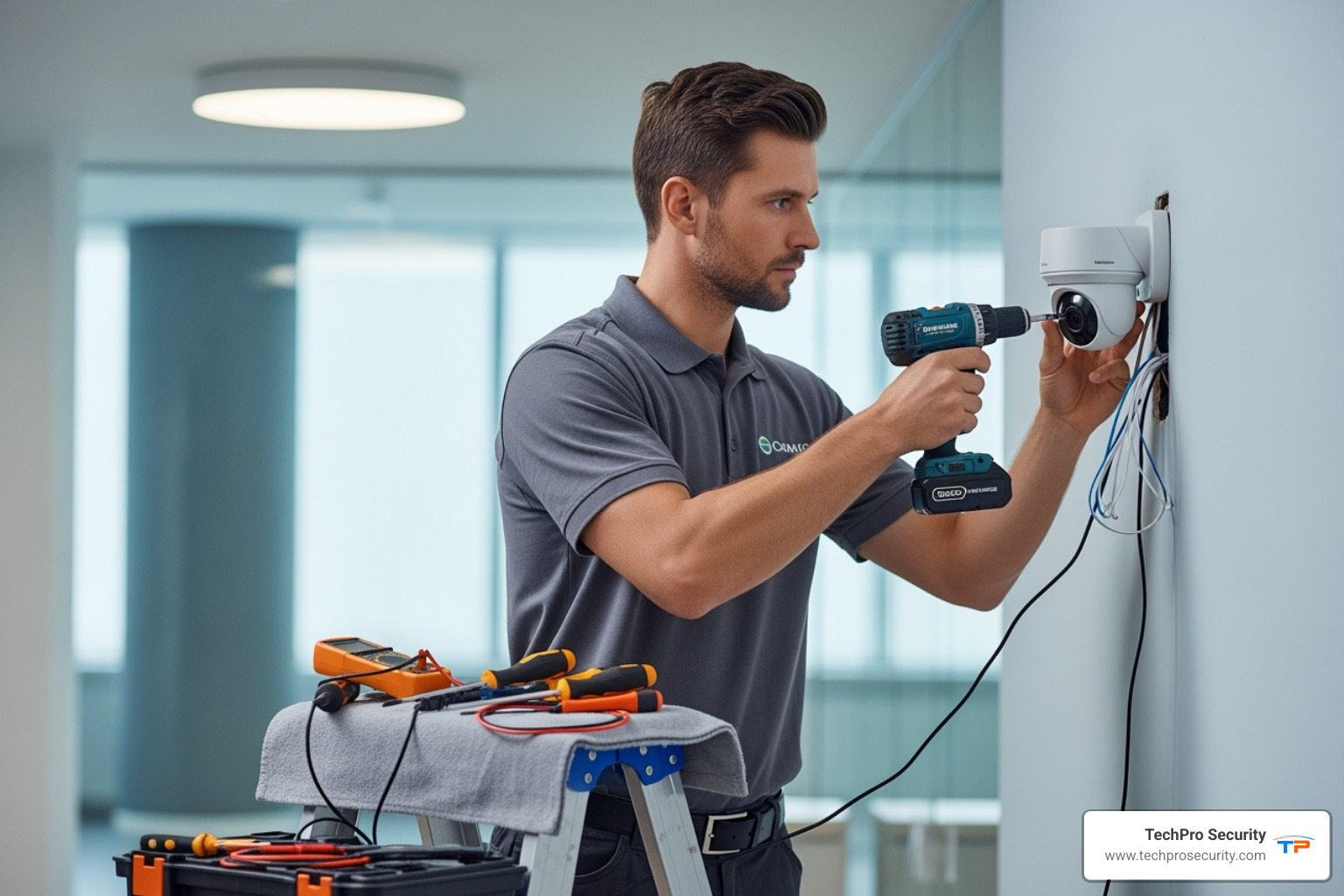 Technician professionally installing a security camera - alarm system boca raton