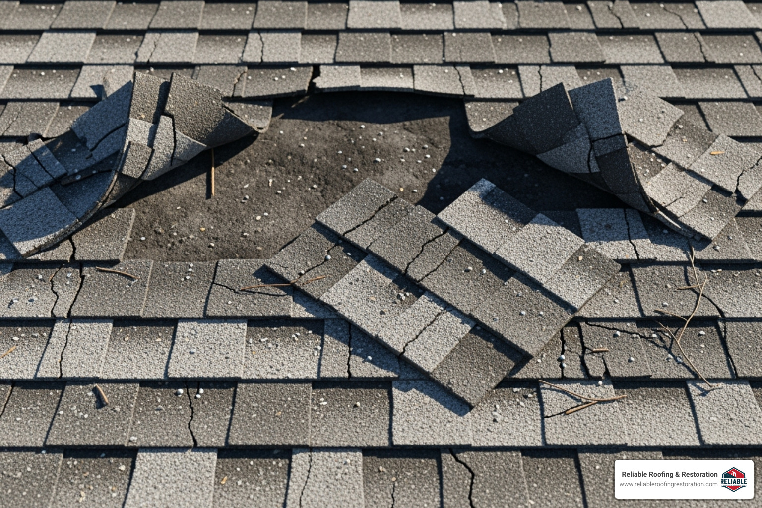 image of curling, cracked, and missing asphalt shingles - affordable asphalt shingle repair in spring