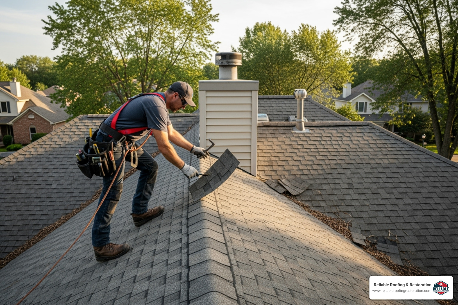 professional roofer safely inspecting an asphalt shingle roof - affordable asphalt shingle repair in spring