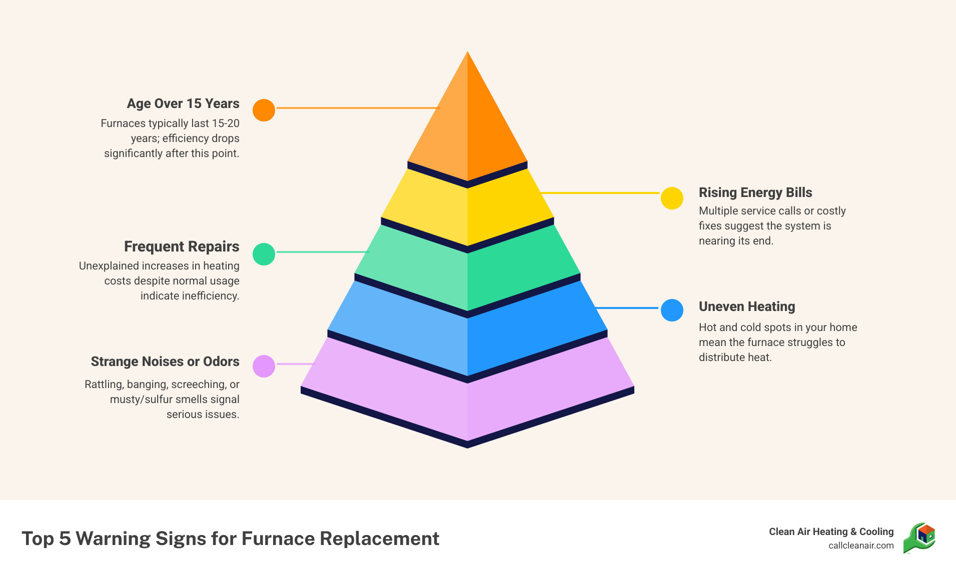 Infographic showing the top 5 warning signs for furnace replacement: age over 15 years, rising energy bills, frequent repairs, uneven heating, and strange noises or odors - when to replace furnace infographic pyramid-hierarchy-5-steps