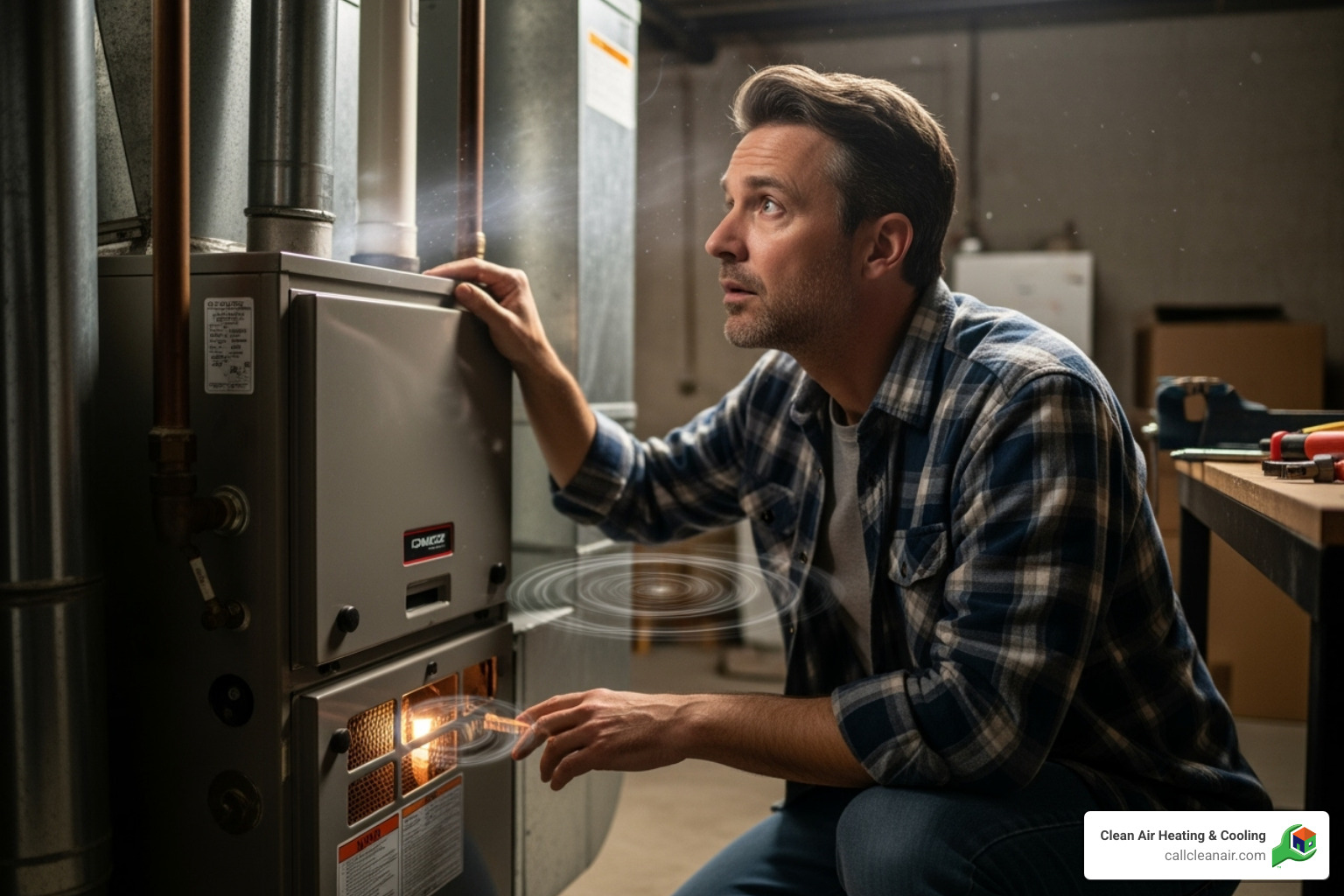 homeowner looking at noisy furnace - when to replace furnace