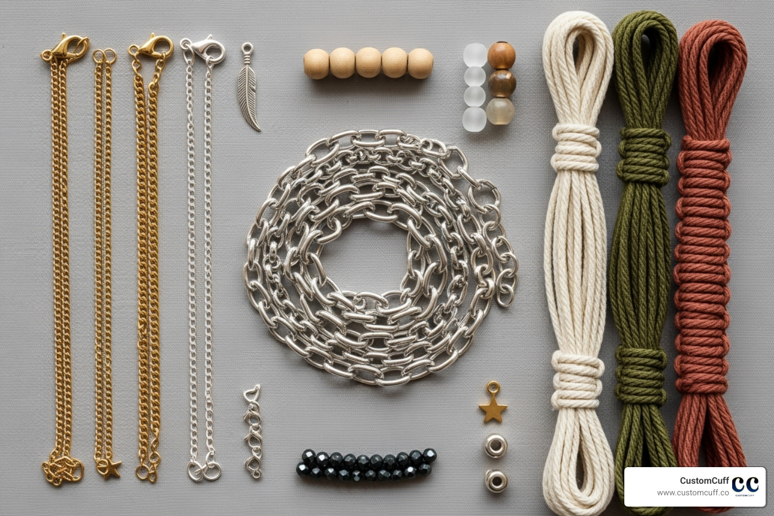 flat lay showing different bracelet materials like sterling silver, 14k gold, and soft macrame cord - custom baby name bracelet flat lay showing different bracelet materials like sterling silver, 14k gold, and soft macrame cord - custom baby name bracelet