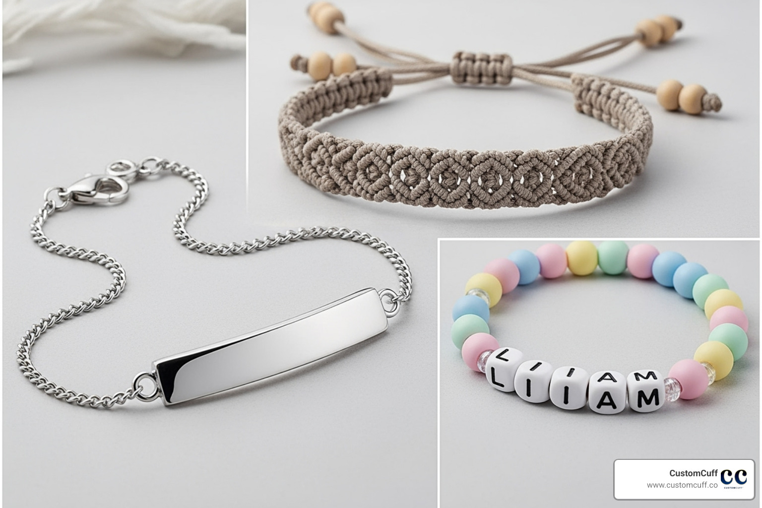 collage showcasing three different styles of baby bracelets: a classic ID bar, a beaded name bracelet, and a modern macrame style - custom baby name bracelet collage showcasing three different styles of baby bracelets: a classic ID bar, a beaded name bracelet, and a modern macrame style - custom baby name bracelet
