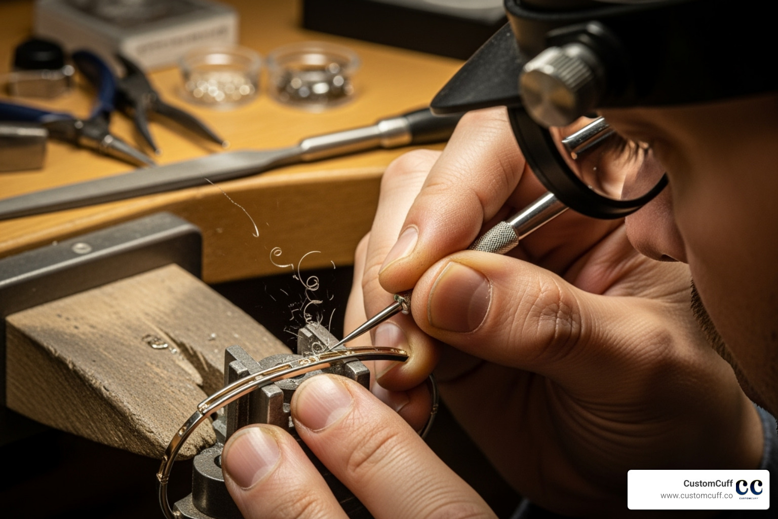 jeweler's hands engraving a small bracelet bar - custom baby name bracelet jeweler's hands engraving a small bracelet bar - custom baby name bracelet