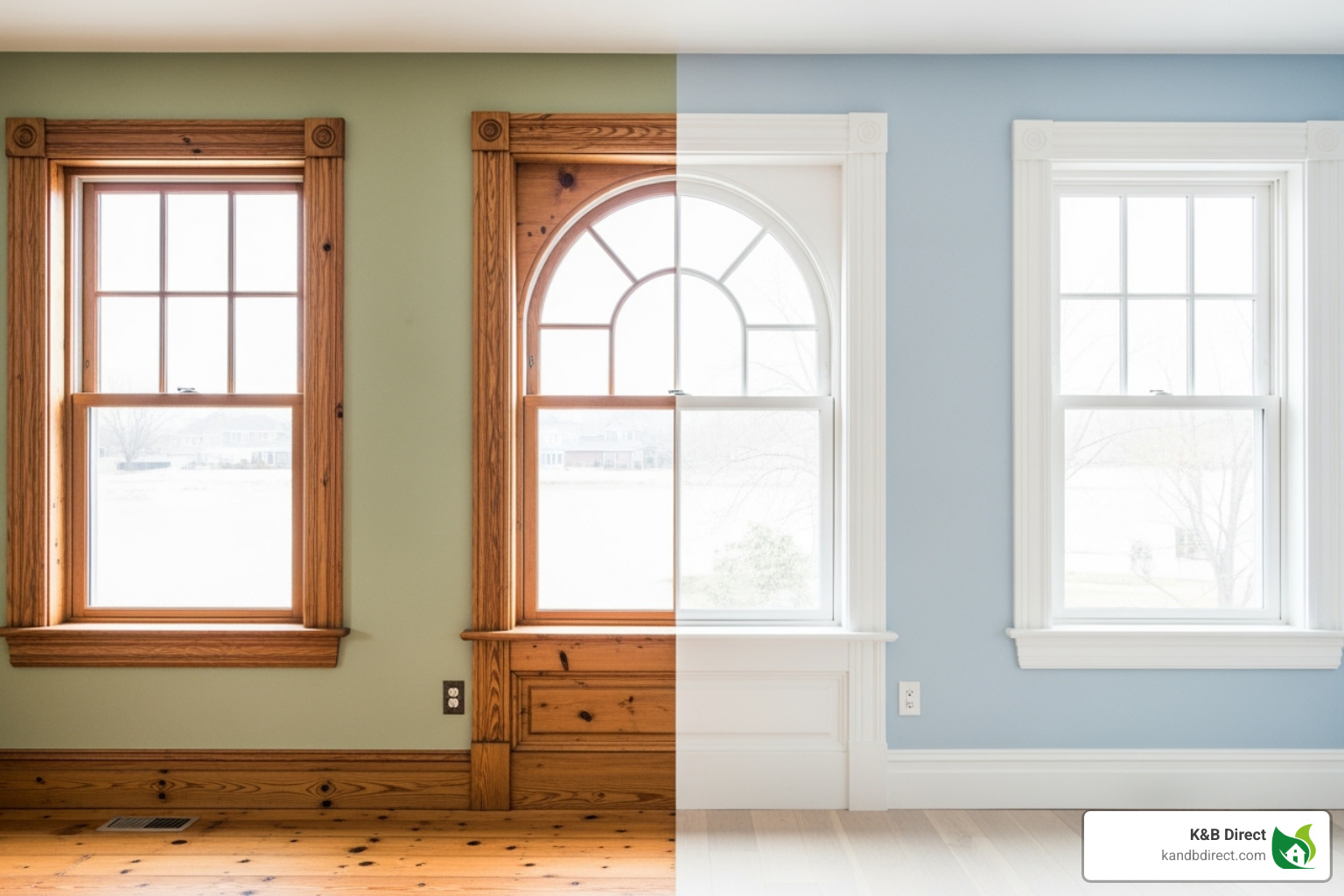 a split room, one side with natural stained wood trim and the other with crisp white painted trim - wood trim