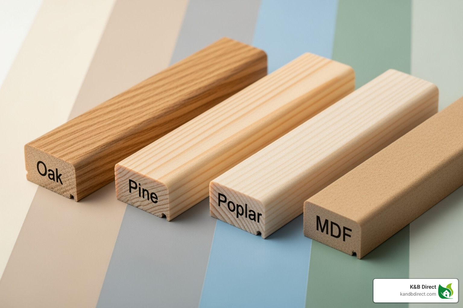 various wood trim samples (Oak, Pine, Poplar, MDF) against different paint swatches. - wood trim