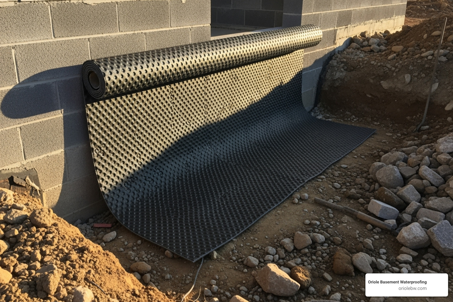 A dimple board membrane being installed on a foundation wall, showing the textured surface and the space created for drainage - exterior foundation moisture barrier