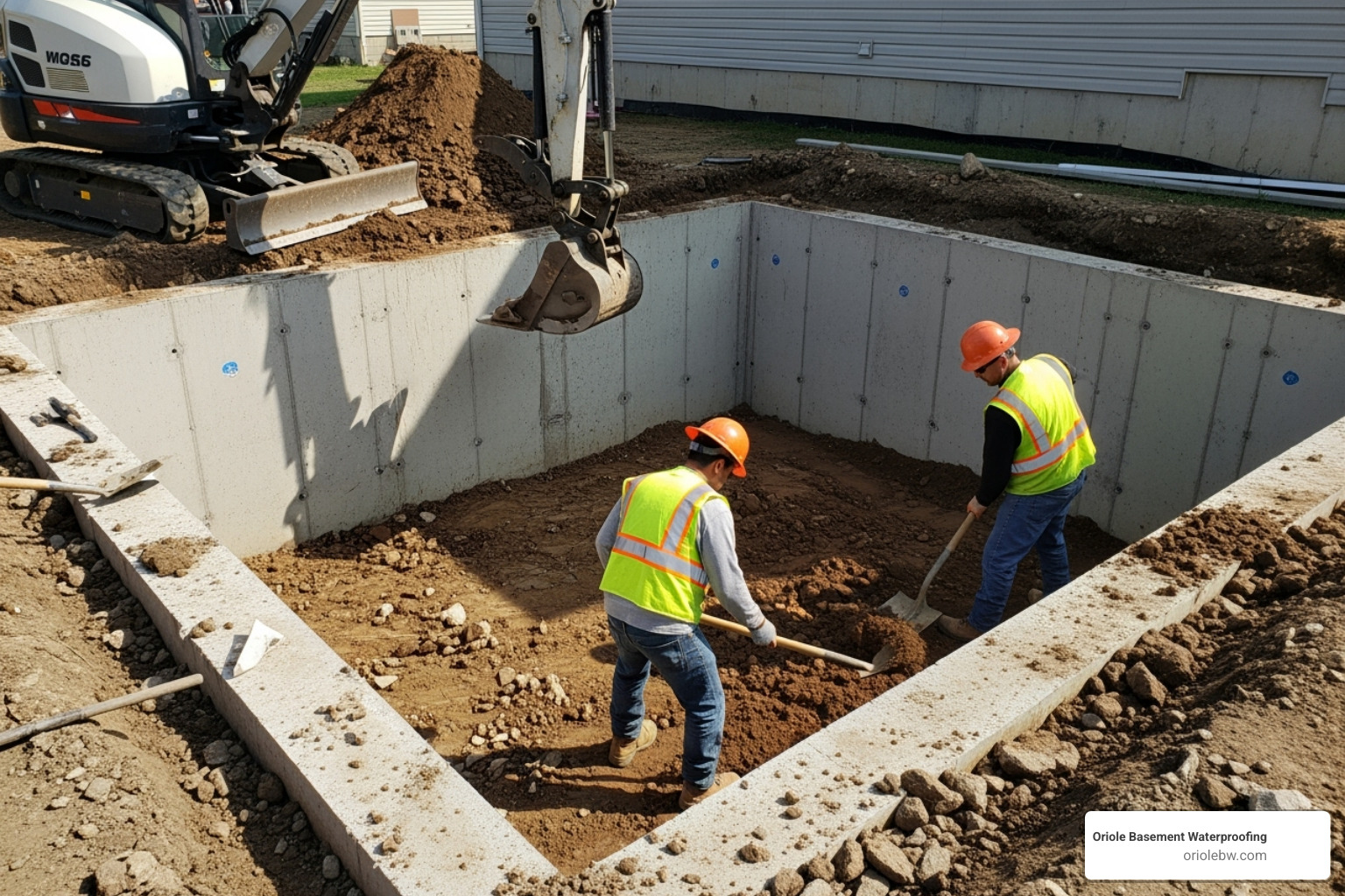 A professional crew excavating around a foundation in preparation for moisture barrier installation - exterior foundation moisture barrier