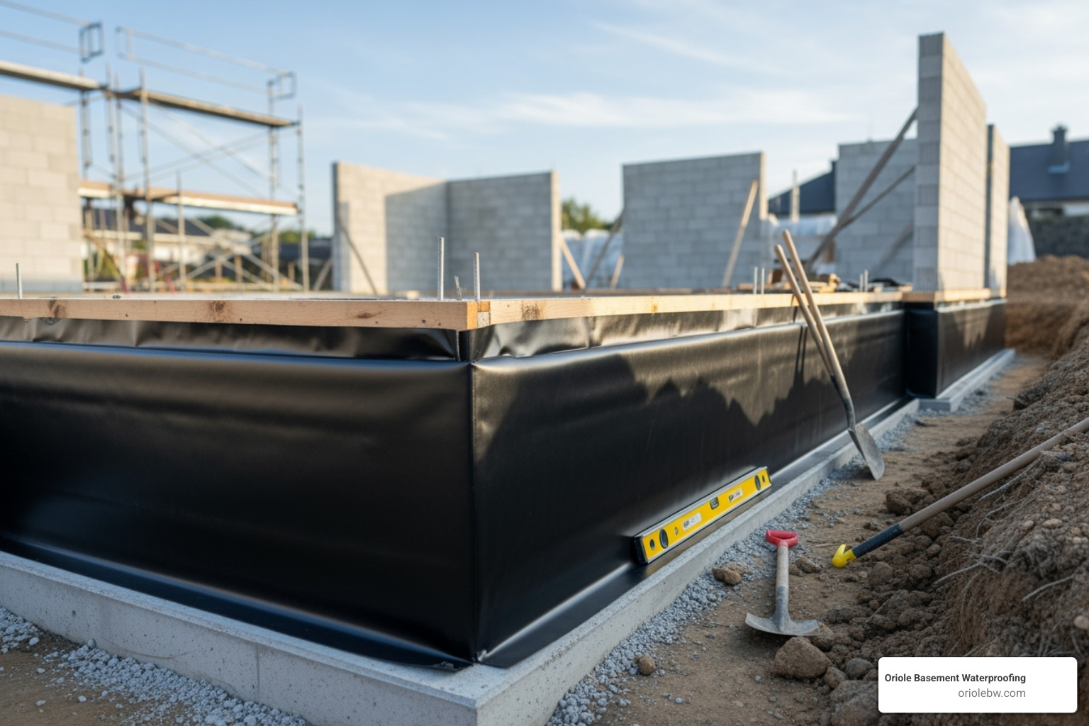 Illustration showing a damp-proofed wall with water seeping through due to pressure, contrasted with a waterproofed wall effectively blocking water - exterior foundation moisture barrier