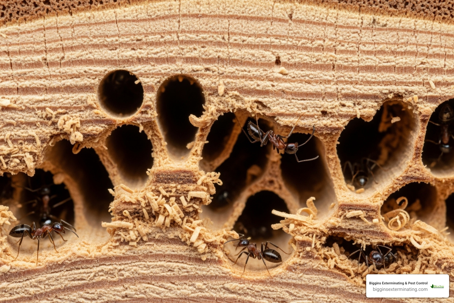 carpenter ant galleries inside a wooden beam - carpenter ants exterminator