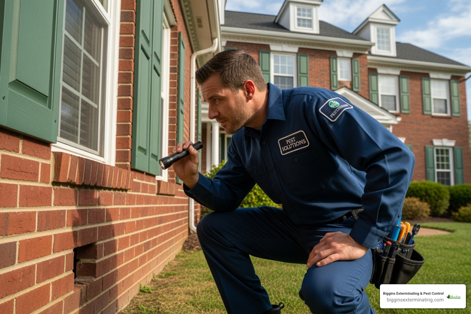 pest control technician inspecting a home's exterior - carpenter ants exterminator