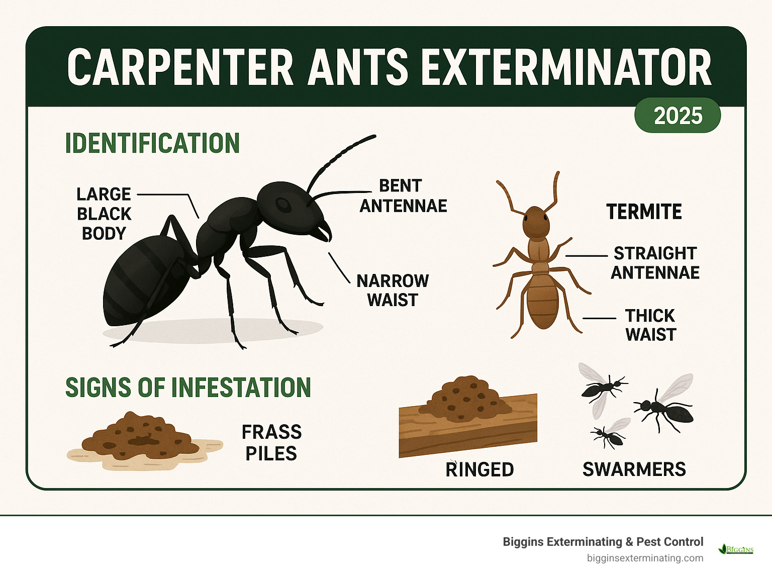 Infographic showing carpenter ant identification features including large black body, bent antennae, narrow waist, and comparison to termite with straight antennae and thick waist, plus signs of infestation like frass piles and winged swarmers - carpenter ants exterminator infographic 