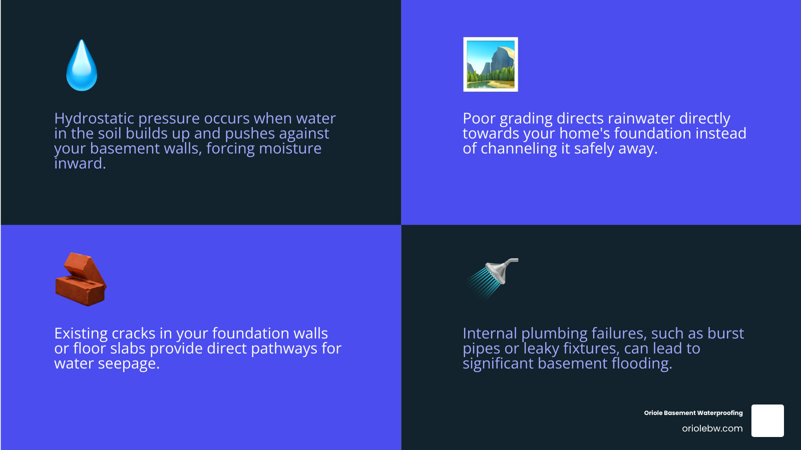 An infographic explaining the common causes of basement water problems like hydrostatic pressure and poor grading - basement companies infographic 4_facts_emoji_blue