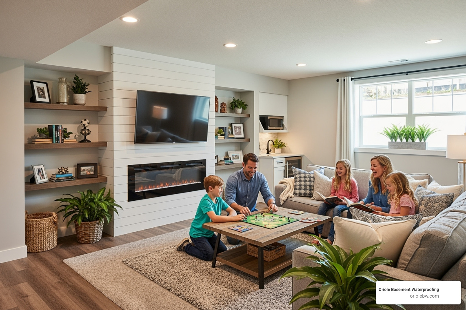 A clean, dry, and finished basement being used by a happy family - basement companies