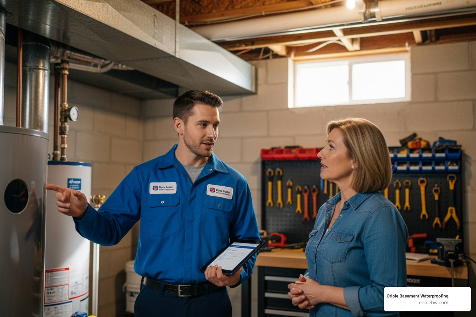 A friendly, professional technician talking with a homeowner - basement companies