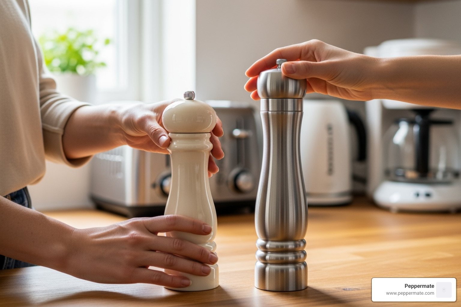 person happily choosing between a ceramic and a steel pepper mill - is ceramic or steel grinding mechanism best for pepper mills
