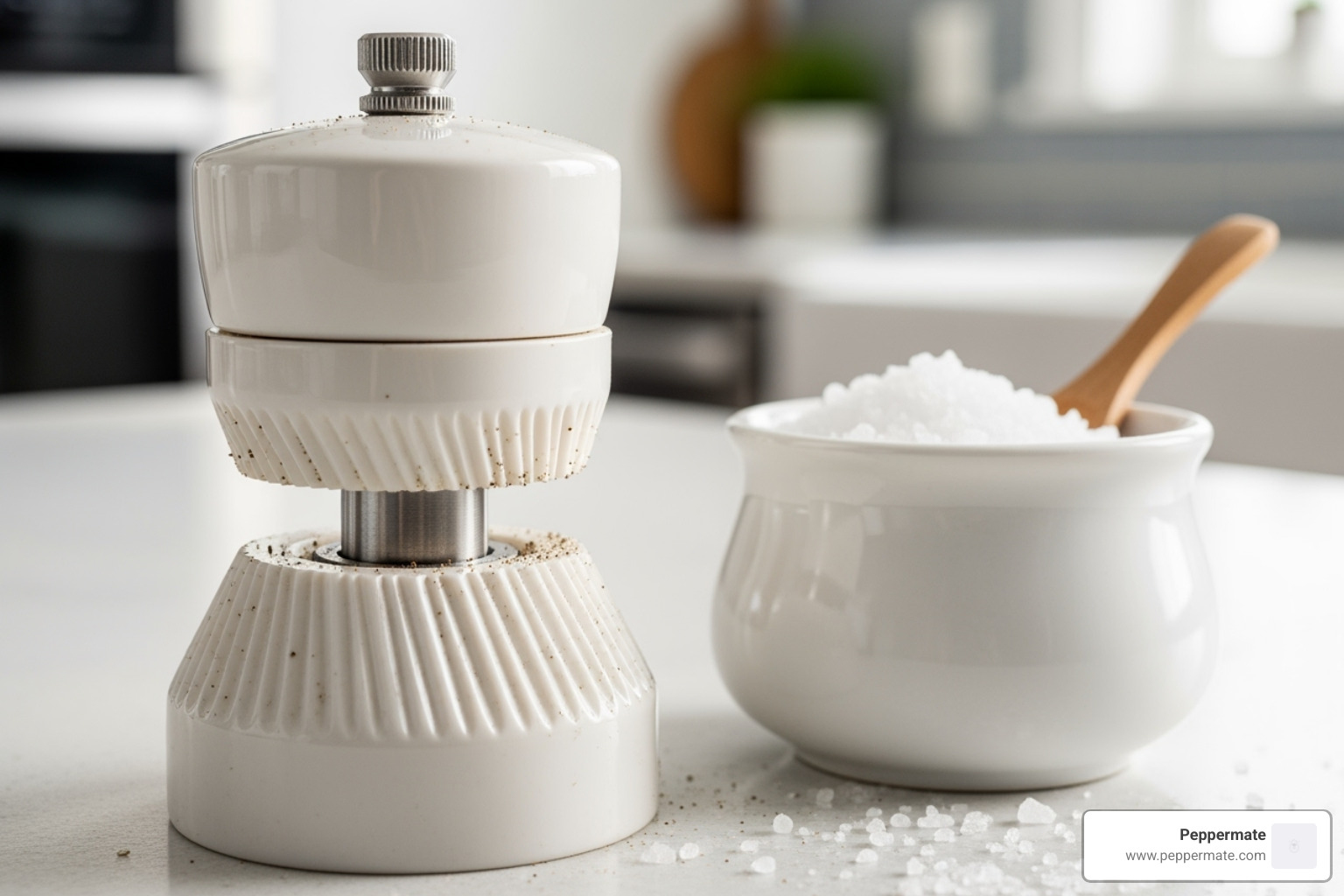 ceramic grinding mechanism next to a salt cellar - is ceramic or steel grinding mechanism best for pepper mills