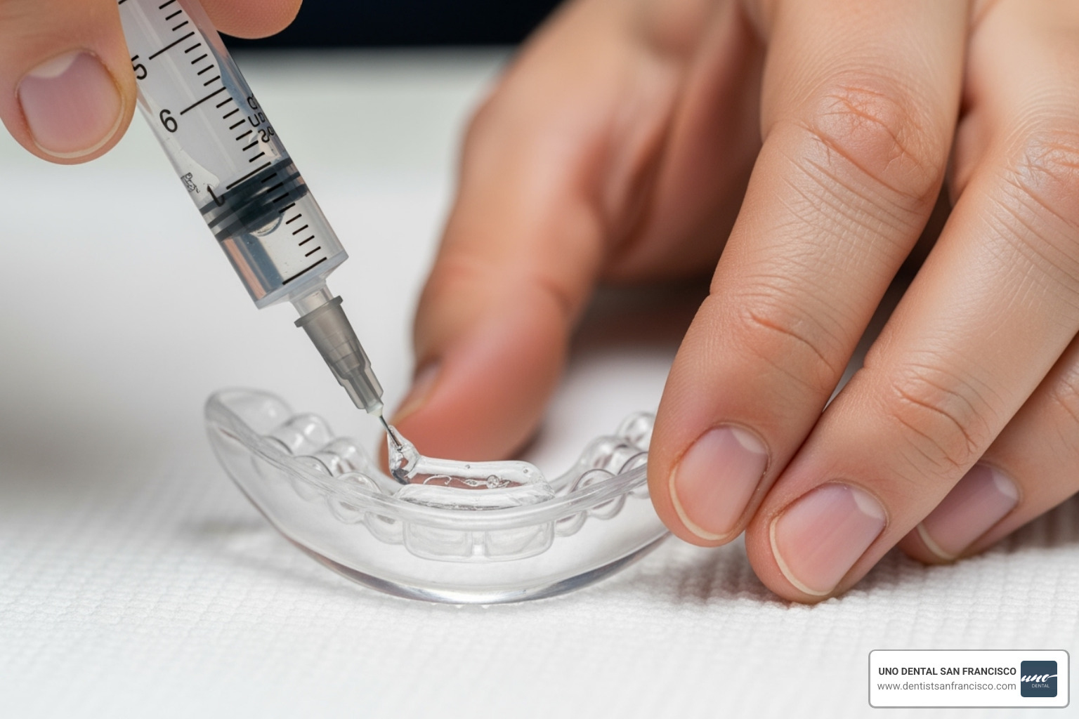 Close-up of a hand applying a small bead of teeth whitening gel into a custom dental tray, showing the correct amount for even distribution - teeth whitening gel