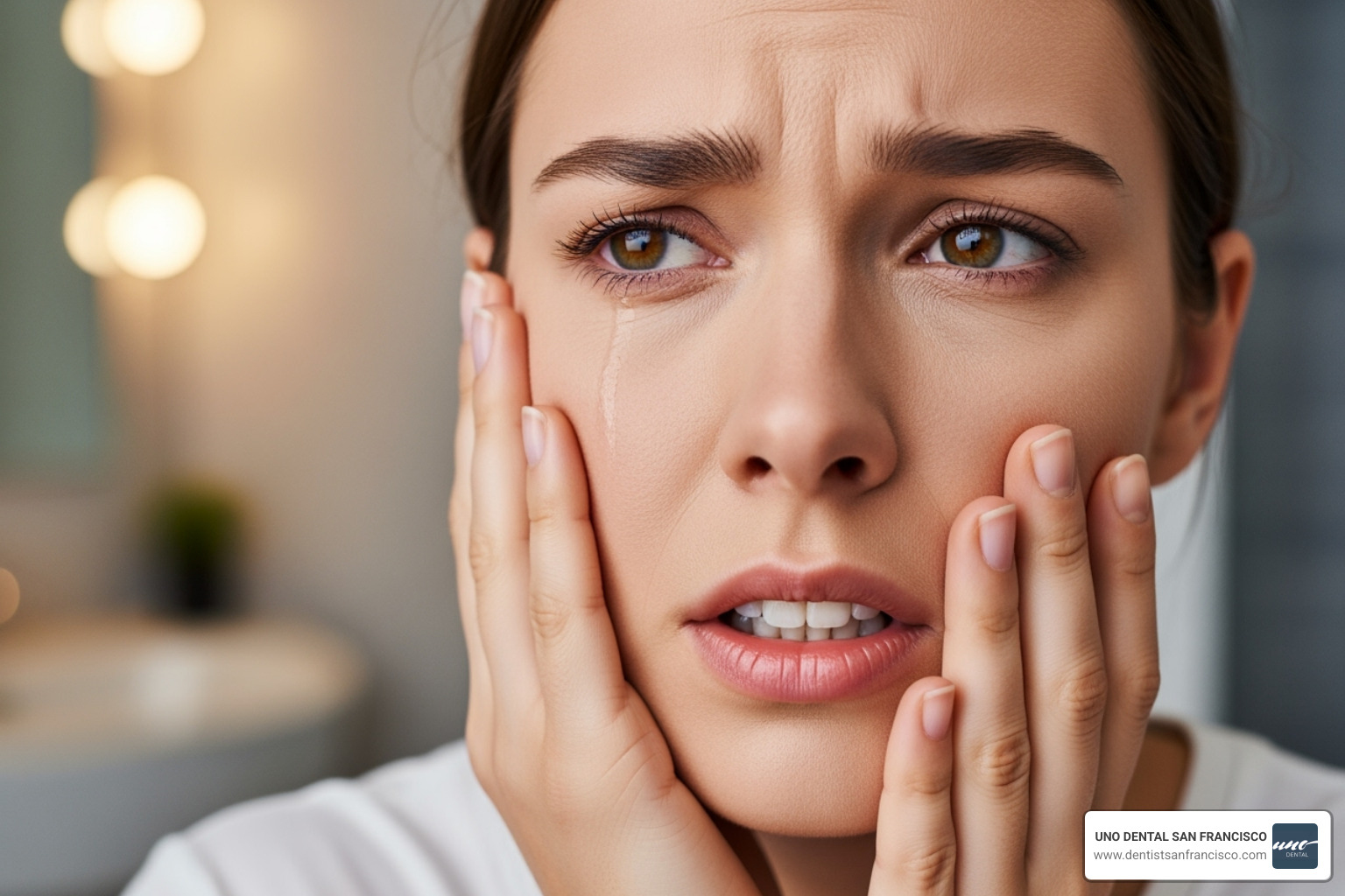 A person with a worried expression, holding their hand to their cheek, indicating tooth sensitivity after whitening - teeth whitening gel