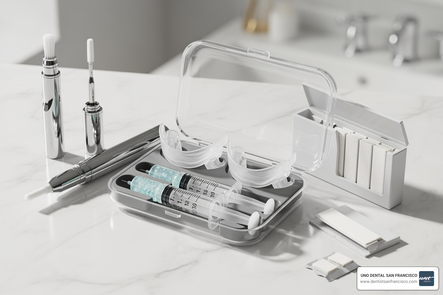 A collection of teeth whitening products including a kit with custom trays and syringes, a whitening pen, and a pack of whitening strips - teeth whitening gel