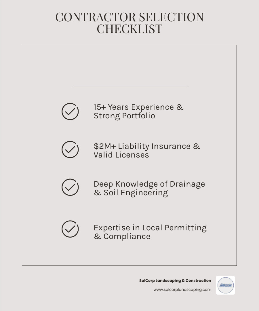 Infographic showing the key factors in selecting stone retaining wall contractors: experience with stone materials, proper insurance and licensing, understanding of local soil conditions and drainage requirements, knowledge of permitting processes, and portfolio of completed retaining wall projects in the local area - stone retaining wall contractors near me infographic checklist-light-beige