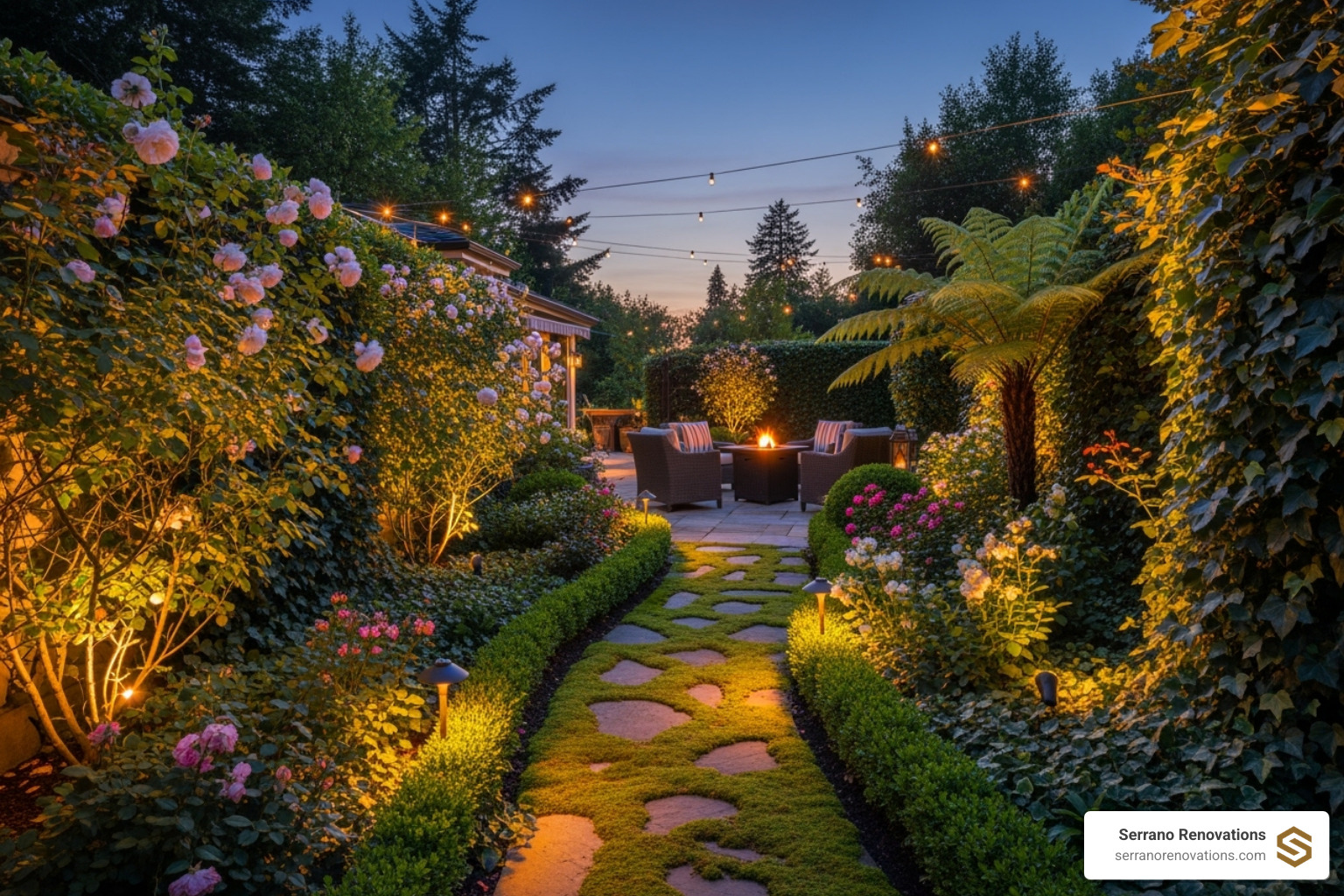 a well-lit garden path and patio area - Boca Raton landscape lighting