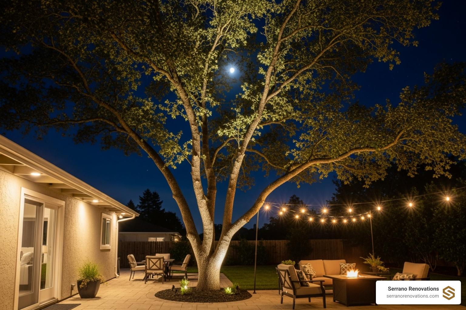 showcasing different lighting techniques like uplighting a tree and downlighting a patio - Boca Raton landscape lighting