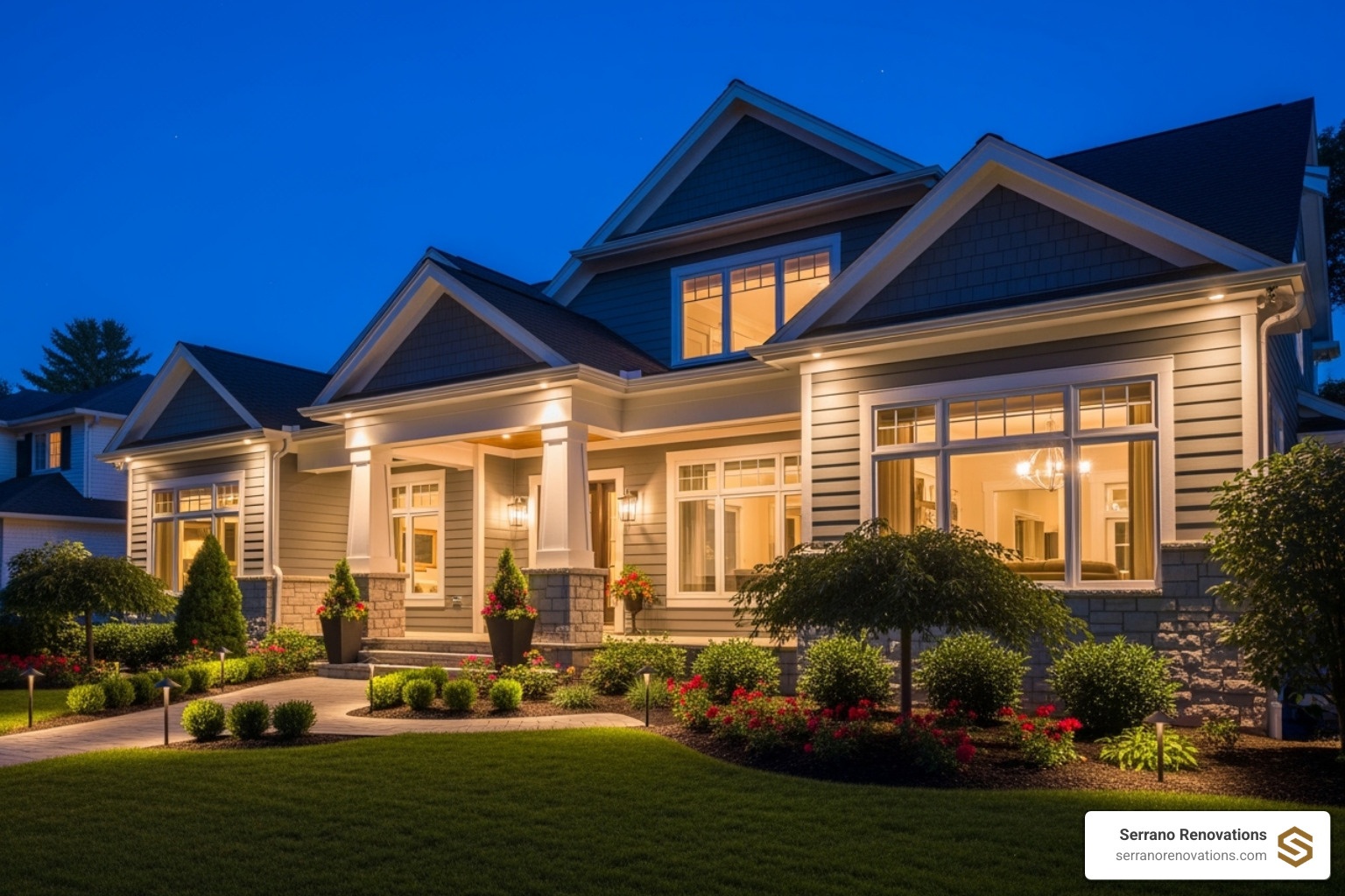 stunning, fully renovated home exterior with integrated landscape lighting and fresh paint - Boca Raton landscape lighting