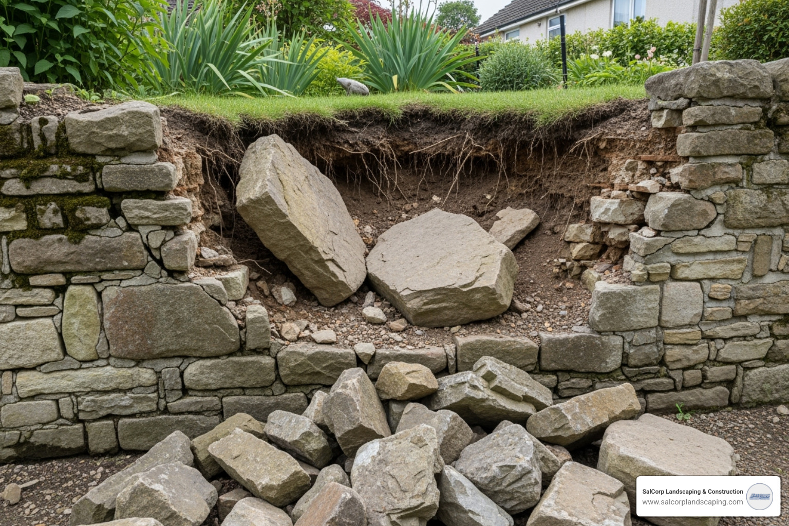collapsing retaining wall - stone retaining wall contractors near me