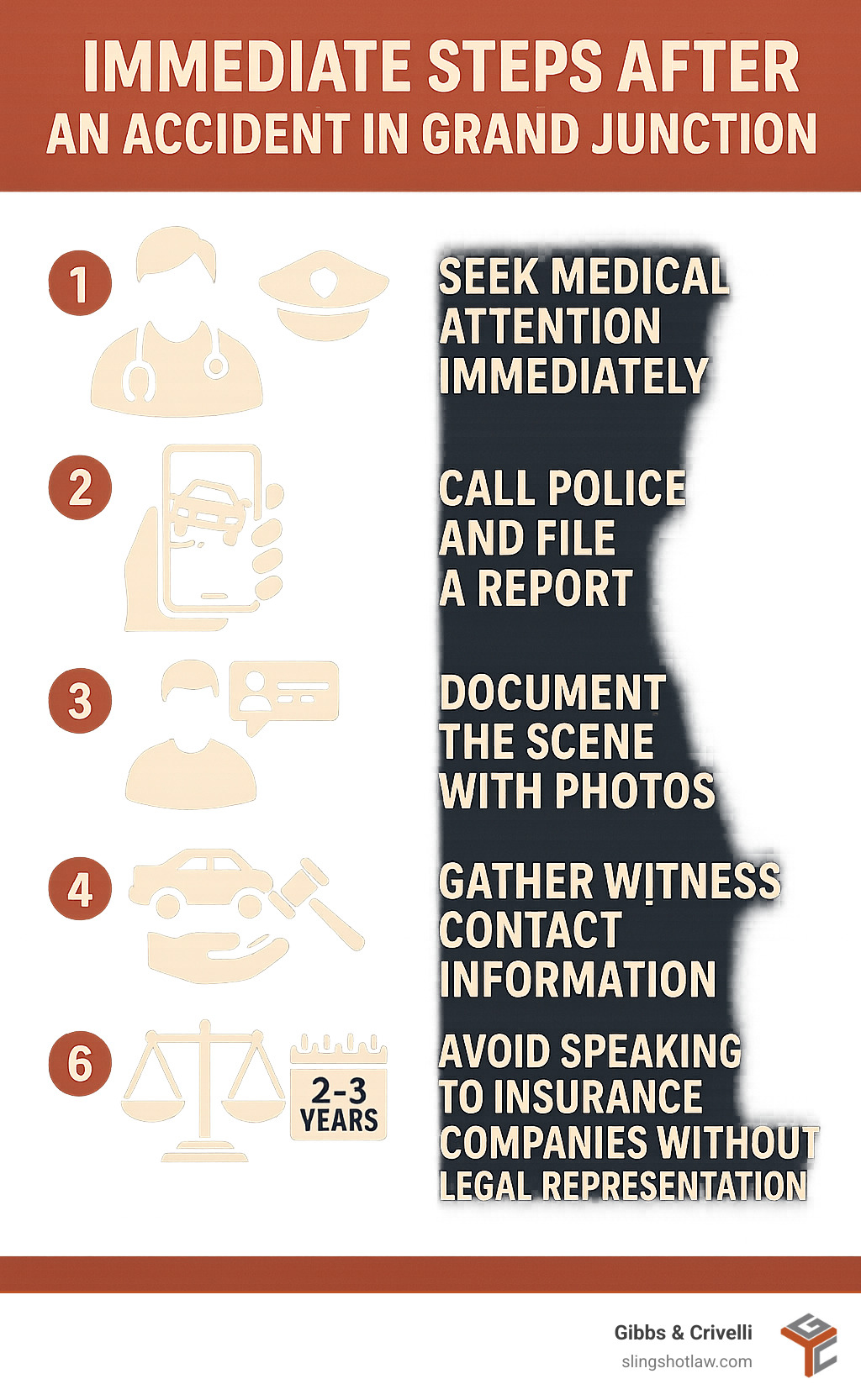 Infographic showing immediate steps after an accident in Grand Junction: 1) Seek medical attention immediately, 2) Call police and file a report, 3) Document the scene with photos, 4) Gather witness contact information, 5) Avoid speaking to insurance companies without legal representation, 6) Contact a Grand Junction injury attorney within Colorado's statute of limitations (2-3 years depending on case type) - Grand Junction injury attorney infographic Infographic showing immediate steps after an accident in Grand Junction: 1) Seek medical attention immediately, 2) Call police and file a report, 3) Document the scene with photos, 4) Gather witness contact information, 5) Avoid speaking to insurance companies without legal representation, 6) Contact a Grand Junction injury attorney within Colorado's statute of limitations (2-3 years depending on case type) - Grand Junction injury attorney infographic