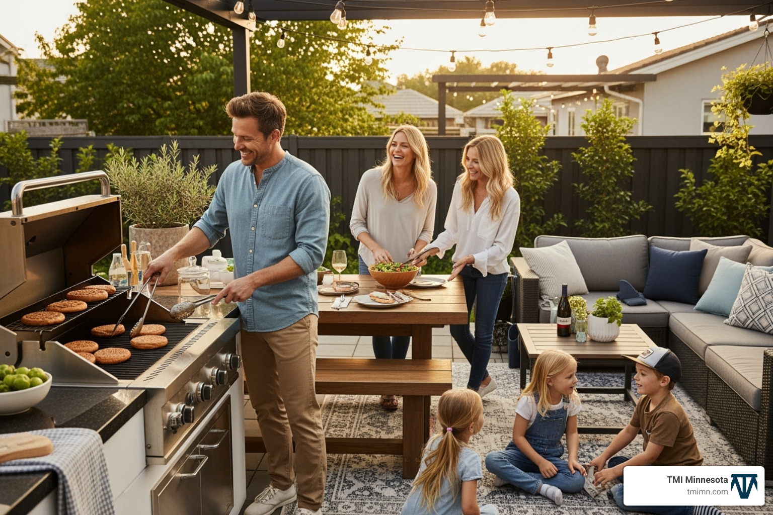 family enjoying newly renovated backyard patio and kitchen - outdoor home renovation