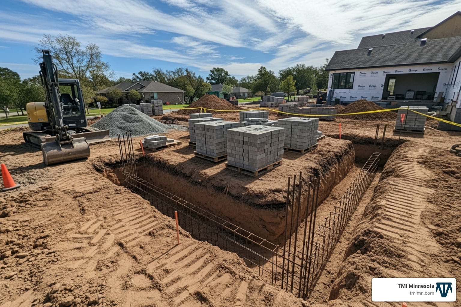 construction project in the hardscaping phase, with grading and foundation work visible - outdoor home renovation